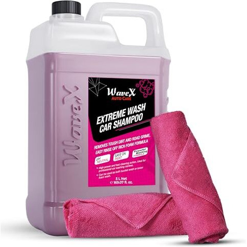 Wavex Car Shampoo Extreme Wash 5L With Two Pcs Microfiber Cloth 40X40Cm 340Gsm | Ph Neutral | Also Works As Foam Wash Shampoo