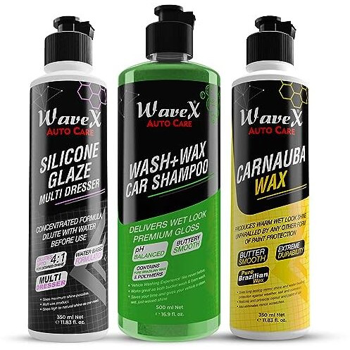 Wavex Wash Wax Car Shampoo, Carnauba Wax Car Body Polish And Silicone Glaze For Plastic, Leather, Vinyl, Rubber Parts (Complete Kit)
