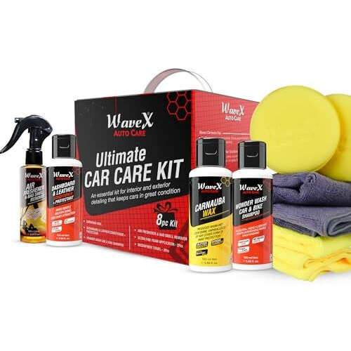 Wavex Car Cleaning Kit  Contains Car Polish, Dashboard Polish, Shampoo, Perfume, 2 Microfiber Towel And 2 Applicators