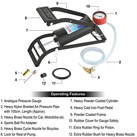 Airmaker Am006 Air Foot Pump Black Powder Coated Body Use For Car Or Motorbike Or Bicycle Tyre Air Filling 150 Psi