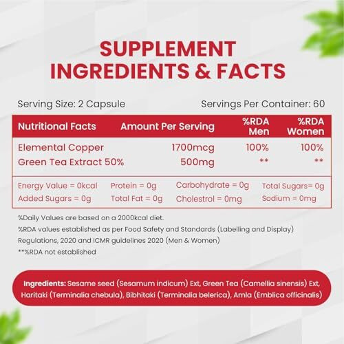 VladoS Himalayan Organics Plant Based Copper 1700Mcg Supplement With Green Tea Extract | Support Connective Tissues | Good For Bone Health - 120 Veg Capsules