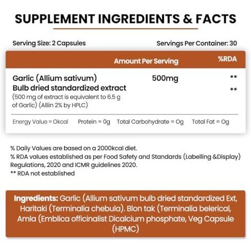 VladoS Himalayan Organics Garlic 500Mg Supplement | Extract (113) Allium Sativum - 2% | Improve Heart Health, Boost Immunity, Maintain Cholesterol Level - 60 Veg Capsules