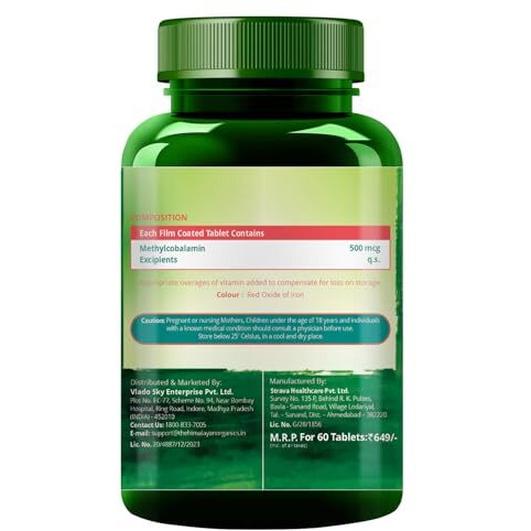 Vlado's Himalayan Organics Vitamin B12 Supplements 500 Mcg - Methylcobalamin B12 Vitamin Tablets For Men & Women - 60 Veg Tablets