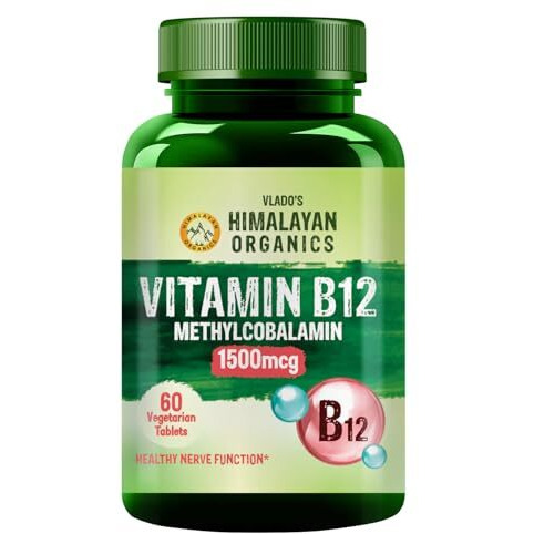 Vlado's Himalayan Organics Vitamin B12 Tablets 1500 Mcg -Active Form Of Methylcobalamin Vitamin B12 Supplements For Men & Women- 60 Veg Tablets