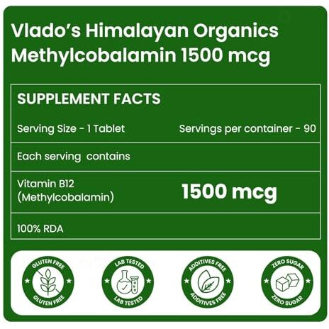 Vlado's Himalayan Organics Vitamin B12 Tablets 1500 Mcg -Active Form Of Methylcobalamin Vitamin B12 Supplements For Men & Women- 60 Veg Tablets