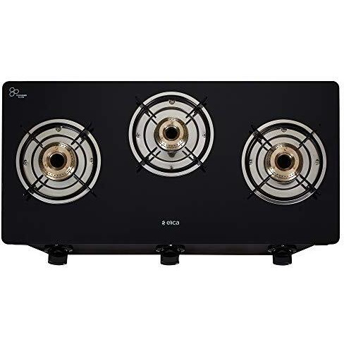 Elica Vetro Glass Top 3 Burner Gas Stove (7031 Ct Vetro Black), Manual Ignition