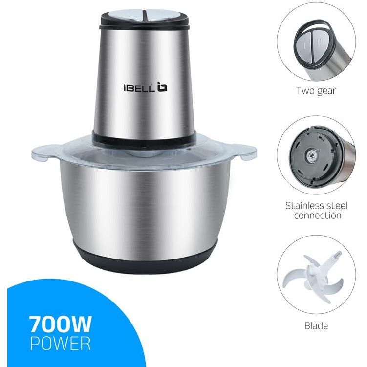 Ibell Mt200Sm Meat Chopper/Grinder/Mincer, 2 Litre Stainless Steel Bowl, 700W, Multi Purpose For Cutting Slicing Meat, Vegetables, Nuts & Fruits (Silver)