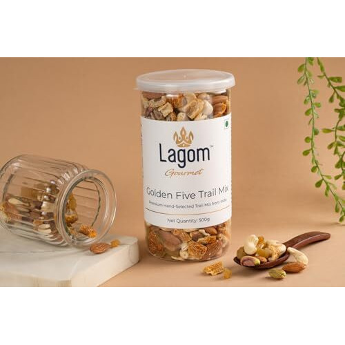 Lagom Gourmet Golden Five Trail Mix | Premium Dry Fruit Mix 500G | Dry Roasted | No Preservatives | No Added Sugar | Gluten Free | Vegan | Plant Based | Non-Gmo | Premium Nut Mix