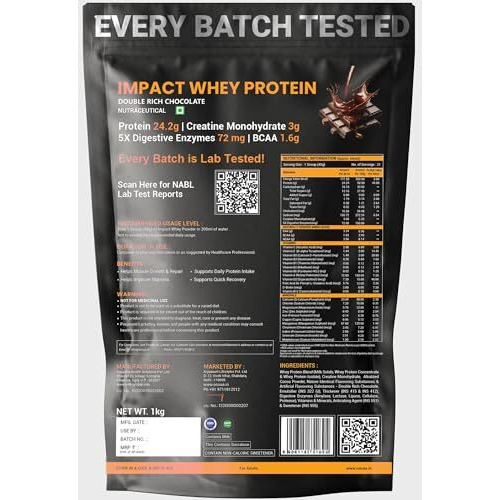 Osoaa Impact Whey Protein 1Kg | Isolate & Concentrate | 24G Protein & 3G Creatine| 5X Digestive Enzymes For Better Absorption | Nabl Lab Tested | Flavour- Double Rich Chocolate