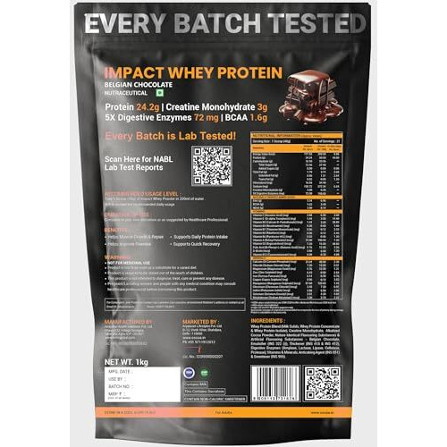 Osoaa Impact Whey Protein 1Kg | Isolate & Concentrate | 24G Protein & 3G Creatine | 5X Digestive Enzymes For Better Absorption | Nabl Lab Tested | Belgian Chocolate Flavour