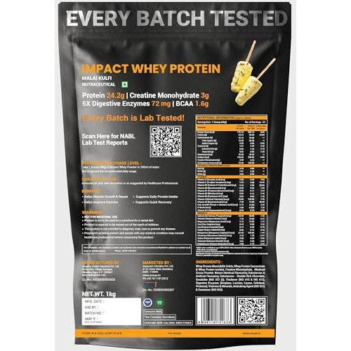 Osoaa Impact Whey Protein 1Kg | Isolate & Concentrate | 24G Protein & 3G Creatine | 5X Digestive Enzymes For Better Absorption | Batchwise Nabl Lab Tested | Flavour - Malai Kulfi