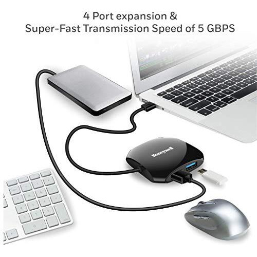 Honeywell Momentum 4-1 Usb 3.0 Hub, 1.2 Meter Cable, Max Current 900Ma, Transmission Speed 5Gbps, Universally Compatible With All Usb Pc, Laptop, Speaker, Mobile, Pen Drive,Hard Drive,Keyboard Printer