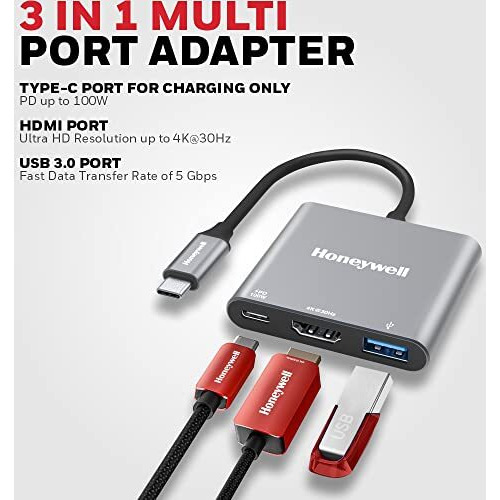 Honeywell High-Speed 3-In-1 Type C To Hdmi Adapter, Pd Charging Upto100W, Usb3.0 Delivers Quick Transfer Speed Of 5Gbps, Uhd 4K@30Hz, Universally Compatible With All Type C Devices, Aluminium Case