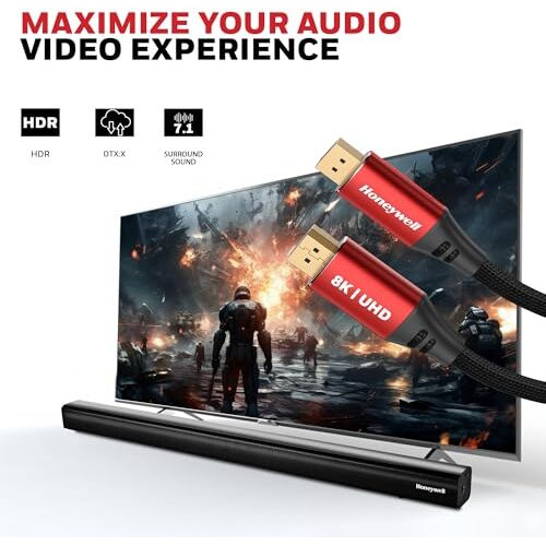 Honeywell Display Port To Display Port 2.0 Cable, 8K@60Hz Uhd Resolution, 2 Mtr, 40 Gbps Transmission Speed, Male To Male, Compatible With Tv, Laptop, Projector, Monitor Etc