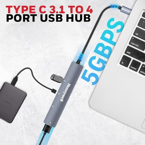 Honeywell Newly Launched 4In1 Ultra Slim Multiport Type C Hub To 1Xusb 3.0 & 3Xusb 2.0 Ports,30Cms(1 Feet) Cable,Datatransfer Speed Upto 5Gbps,Universally Compatible With All Usb,Pc,Speaker,Laptop