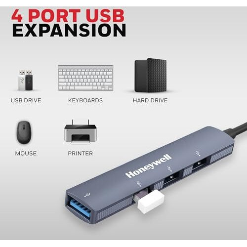 Honeywell Newly Launched 4In1 Ultra Slim Multiport Type C Hub To 1Xusb 3.0 & 3Xusb 2.0 Ports,30Cms(1 Feet) Cable,Datatransfer Speed Upto 5Gbps,Universally Compatible With All Usb,Pc,Speaker,Laptop
