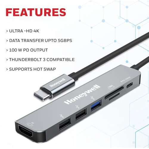 Honeywell Newly Launched 7-In-1 Typec Docking Station With 4K Hdmi,1Xusb 3.0,2Xusb 2.0 & Typec 3.0 Pd Charging 100W Port, Sd & Micro Sd Slot, For All Type C Devices- Macbook Laptop, Pc, Thunderbolt 3