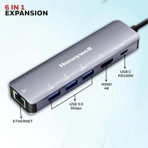 Honeywell Newly Launched 6-In-1 Type C Docking Station With 4K Hdmi Port, 1Gbps Rj45 Ethernet Port, 3Xusb Port 3.0 & Type C 3.0 Pd 100W, For All Type C Devices-Windows/Macbook, On-The-Go Feature
