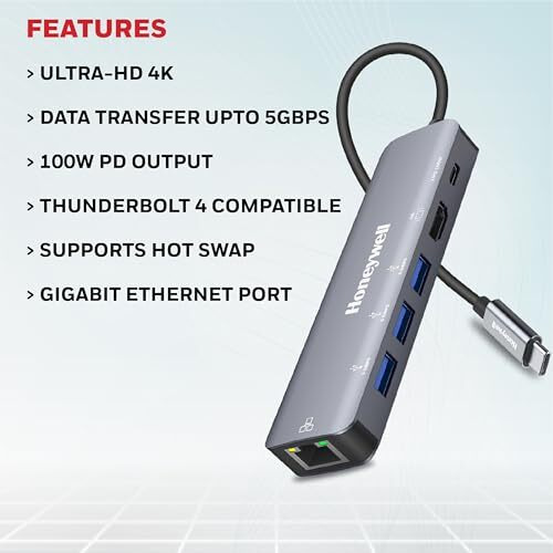 Honeywell Newly Launched 6-In-1 Type C Docking Station With 4K Hdmi Port, 1Gbps Rj45 Ethernet Port, 3Xusb Port 3.0 & Type C 3.0 Pd 100W, For All Type C Devices-Windows/Macbook, On-The-Go Feature