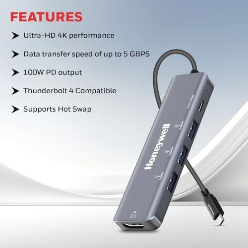Honeywell New Launch 5-In-1 Type C Docking Station With 4K Hdmi Port, 3Xusb 3.0 Port & Type C 3.0 Pd 100W, For All Type C Devices- Windows/Macbook, On-The-Go Feature