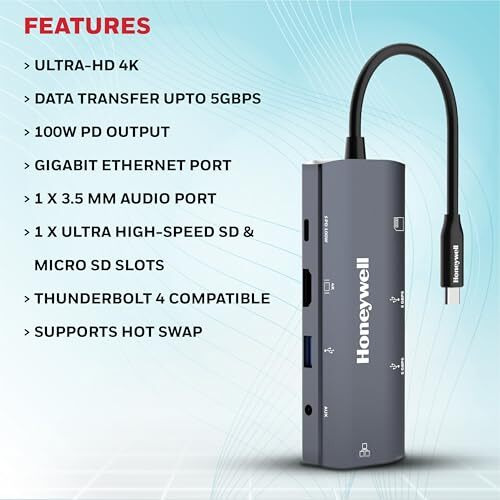 Honeywell New Launch 9-In-1 Type C Dock With 4K Hdmi, 1Gbps Rj45 Ethernet Port, 2Xusb 3.0, 1Xusb 2.0 & Type C 3.0 Pd100W, Sd & Micro Sd Slot, Audio Port For All Type C Devices- Windows/Macbook