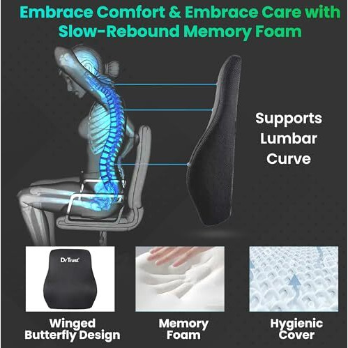 Dr Trust Usa Backrest For Car Seat, Office Chair To Sit Up Right, Orthopaedic Memory Foam Cushion/Pillow Back Pain Relief, Lumbar Support, Spine Alignment, And Posture Correction - 360, Black