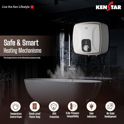 Kenstar Quantum 25-L, 5 Star Rated Storage Square Water Heater With Superior Glassine Coated Tank, Powerful 2000W Heating Element, (White And Orange)