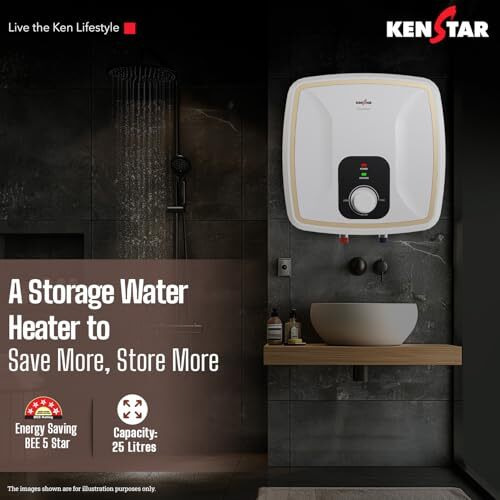 Kenstar Quantum 25-L, 5 Star Rated Storage Square Water Heater With Superior Glassine Coated Tank, Powerful 2000W Heating Element, (White And Orange)