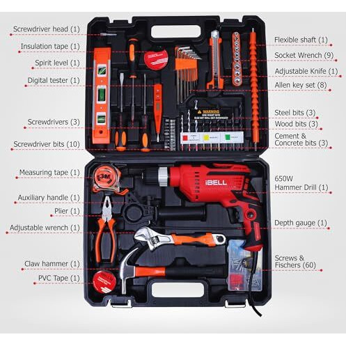 Ibell Professional Tool Kit With Impact Drill Td13-100, 650W, Copper Armature, Chuck 13Mm Keyless Auto, 115 Home Essential Tools/Accessories
