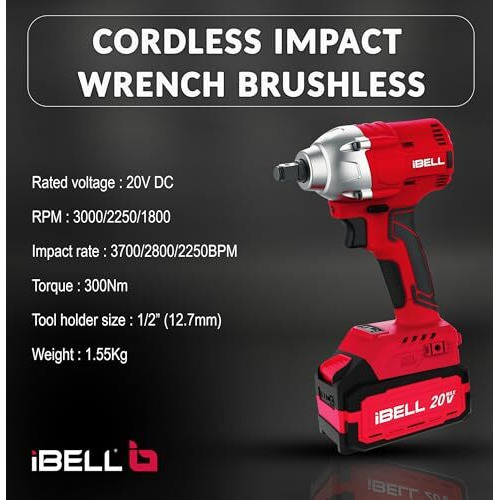 Ibell One Power Series Cordless Impact Wrench Bw20-32, 20V Brushless Motor, 300Nm Torque With 2Ah Battery & Charger + Bmc Box, 12 Months Warranty