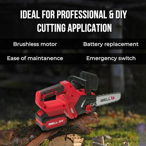 Ibell Bs20-12 Cordless Chainsaw Brushless|1200W|20V Max|12 Guide Bar|3/8 Chain Pitch|4.0Ah Li-Ion Battery|4500 Rpm|Lightweight 1.76 Kg  Ideal For Cutting Trees And Branches