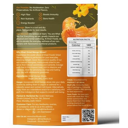 Khari Foods Sliced Dried Mango Fruit 200G, Soft & Juicy Dehydrated Slices, Energy Booster, Fiber Rich, Natural Fruit Snacks, Improves Bone Health