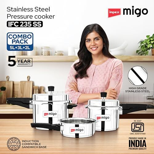 Impex Migo Stainless Steel Pressure Cooker With Outer Lid Induction And Gas Stove Compatible, 2, 3, 5 Litre Capacity For Healthy Cooking, With 5 Years Warranty