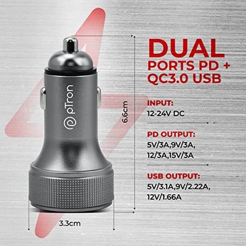 Ptron Bullet Ultima Mini 65W Car Charger With Dual Output, Fast Charging (Type-C Pd 45W & 20W Usb Qc 3.0A), Lightweight & Durable Metal Body & Compatible With All Smartphones (Grey)
