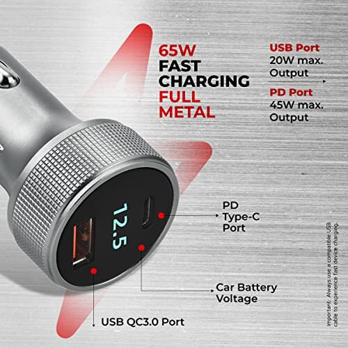 Ptron Bullet Ultima Mini 65W Car Charger With Dual Output, Fast Charging (Type-C Pd 45W & 20W Usb Qc 3.0A), Lightweight & Durable Metal Body & Compatible With All Smartphones (Grey)