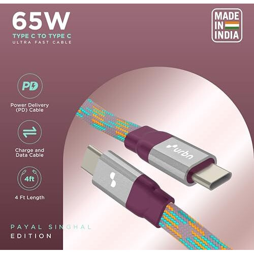 Urbn X Payal Singhal 65W Super Fast Usb-C Pd Cable | Type C To C | Flat Cable | Made For Mobiles & Laptops | Charge Macbook & Other Supported Devices - 4 Feet (Pink)