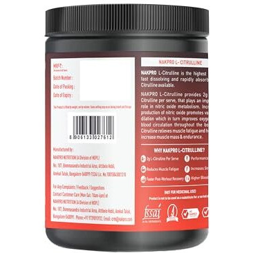 Nakpro Pure L-Citrulline Powder- Jar, Boosts Nitric Oxide & Muscle Growth For Men & Women (Fruit Punch, 100G)