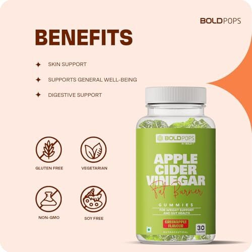 Boldfit Boldpops Apple Cider Vinegar Gummies With Mother And Vitamin B12, Green Apple Flavour, Gluten-Free  30 Gummies