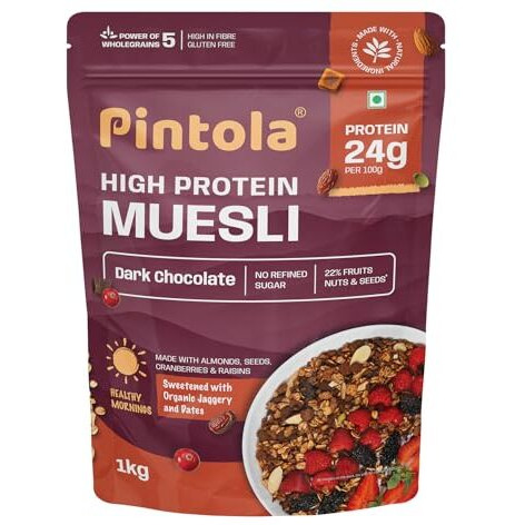 Pintola High Protein Muesli Dark Chocolate & Cranberry 1Kg, 24G Protein, High Fibre, Trans Fat Free With Brown Sugar, Real Fruits, Muesli For Breakfast Food, Muselies Fruit Nuts And Seeds 1 Kg