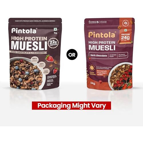 Pintola High Protein Muesli Dark Chocolate & Cranberry 1Kg, 24G Protein, High Fibre, Trans Fat Free With Brown Sugar, Real Fruits, Muesli For Breakfast Food, Muselies Fruit Nuts And Seeds 1 Kg