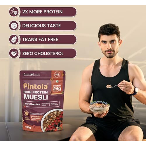 Pintola High Protein Muesli Dark Chocolate & Cranberry 1Kg, 24G Protein, High Fibre, Trans Fat Free With Brown Sugar, Real Fruits, Muesli For Breakfast Food, Muselies Fruit Nuts And Seeds 1 Kg