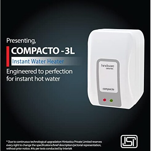 Hindware Smart Appliances Atlantic Compacto 3 Litre Instant Water Heater With Stainless Steel Tank, Robust Construction, Pressure Relief Valve And I-Thermostat Feature (White And Grey)