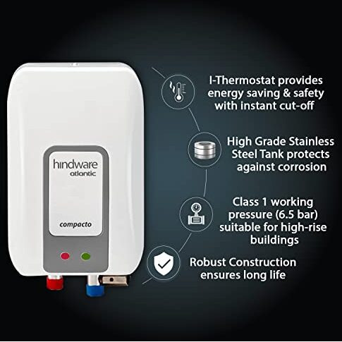 Hindware Smart Appliances Atlantic Compacto 3 Litre Instant Water Heater With Stainless Steel Tank, Robust Construction, Pressure Relief Valve And I-Thermostat Feature (White And Grey)