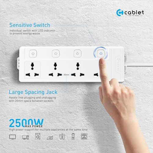 Cablet 4 Way Extension Board 250 Volts 4 Universal Socket + 4 Switch, 10A And 2500W - 4.5M Heavy Duty Cable - White, Medium (Cablet 4040-45)