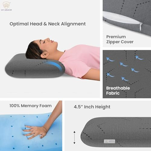 My Armor Ventilated Cool Gel Memory Foam Pillow, Orthopedic Pillows For Neck Pain Relief, Queen Size - 4.5 Inch Thickness With Grey Colour Removable Pillow Cover - Pack Of 1