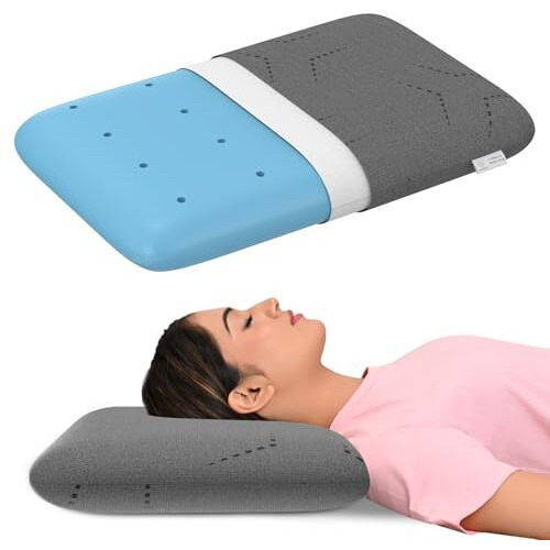 My Armor Ventilated Cool Gel Memory Foam Pillow | 2 Years Warranty | Orthopedic Pillows For Neck Pain Relief, Standard Size - 4 Inch High With Grey Colour Pillow Cover - Set Of 1