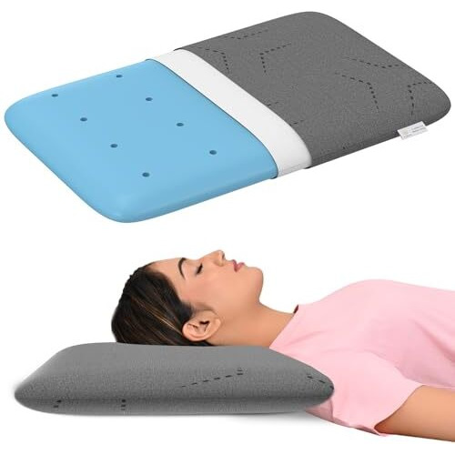 My Armor Ventilated Cooling Gel Memory Foam Pillow Thin Size 3 Inch Height, Pillow For Sleeping, Neck Pain Relief & Back Support Cushion With Grey Pillow Cover - Pack Of 1