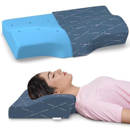 My Armor Cool Gel Cervical Pillow For Spondylitis Neck, Orthopedic Memory Foam Pillow, Sleeping Contour Support, Regular Size - 18.5 X 11 X 3.5 Inches, Blue Checks Cover