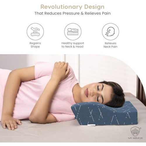 My Armor Cool Gel Cervical Pillow For Spondylitis Neck, Orthopedic Memory Foam Pillow, Sleeping Contour Support, Regular Size - 18.5 X 11 X 3.5 Inches, Blue Checks Cover