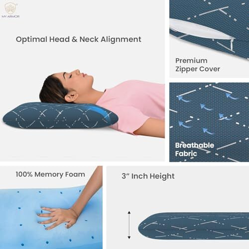 My Armor Cool Gel Memory Foam Pillow Thin Size - 3 Inches, Orthopedic Pillow For Sleeping & Neck Pain Relief, Washable Blue Checks Cover - Pack Of 1